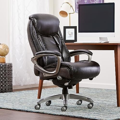 Serta Lautner Executive Home Office Desk Chair, Ergonomic High-Back with Adjustable Lumbar & Body Pillows, SmartLayers and ComfortCoils Technology, Mesh and Bonded Leather, Black/ Gray