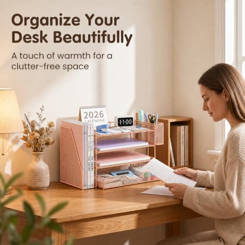 OPNICE Desk Organizers and Accessories, 4-Tier Desktop File Organizer with Drawer and Pen Holders, Office Desk Accessories Workspace Organizers for Office Supplies (Rose Gold)