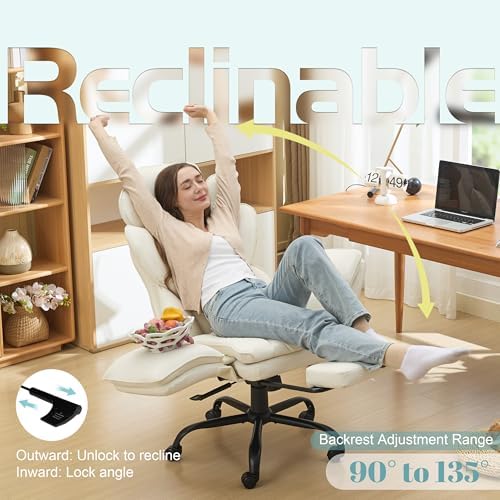 Flip Armrests Criss Cross Office Chair, Reclining Office Chair with Foot Rest, Adjustable Headrest, Massage Waist Pillow, Cross Legged Big and Tall Desk Chair Wide Seat Vanity Chair, White PU Leather