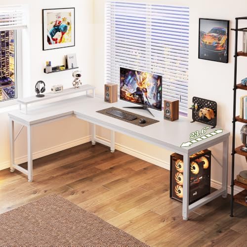 PRAISUN 61" L Shaped Computer Desk, Power Outlets, Monitor Stand, White