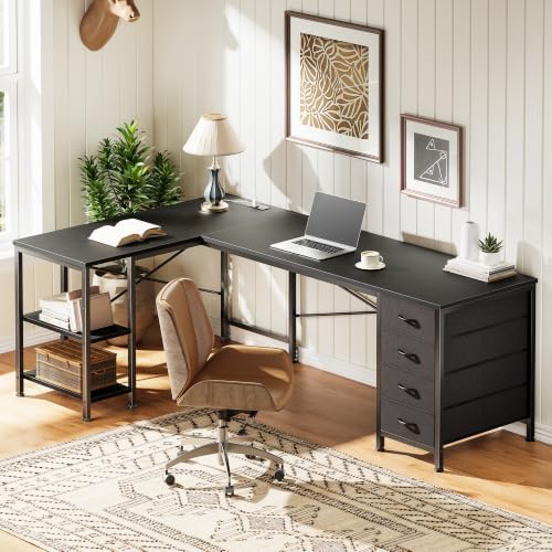 Huuger 55 Inch L Shaped Desk with Fabric Drawers, Reversible Computer Gaming Desk with Power Outlets and USB-C Port, Adjustable Side Storage Shelves, for Work Study Corner Home Office, Black