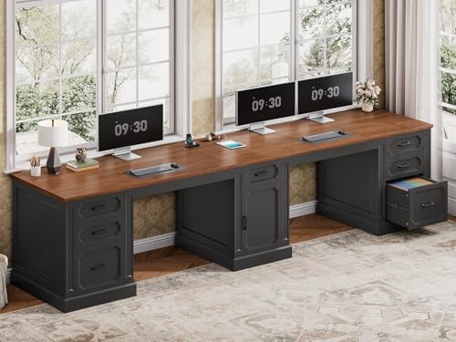 SEDETA Farmhouse 110.3" Two Person Desk with 7 Drawers, Long Computer Desk with Storage Cabinet, 2 Person Desk with Power Outlets for Home Office, Black+Brown