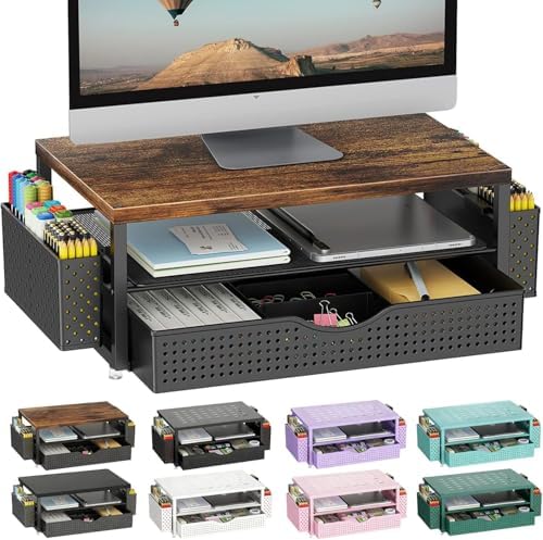 gianotter Desk Organizers and Accessories, Monitor Stand with Drawer and 2 Pen Holder, Desktop Organizer Suitable for Offices and Dormitories (Wood)
