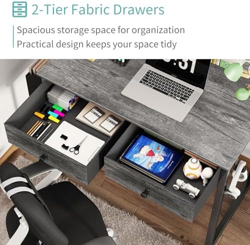 Lufeiya Small Desk with Drawers - for Bedroom, 32 Inch Home Office Computer Desk with Fabric Storage Drawer and Bag, Study Writing Table for Small Spaces, Gray