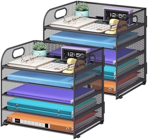 Cawukege 2 Pack 5 Tier Paper Organizer, Letter Tray with Handle, Mesh Desk Organizer, Metal File Organizer, Office Desk Accessories for Home, Office, Classroom, School -Grey