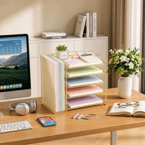 OPNICE Desk Organizer, 5-Tier Paper Organizer Letter Tray, Gold