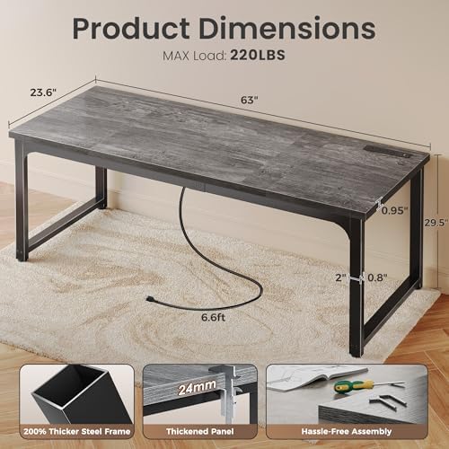 Huuger 63 x 24 inch Desk with Power Outlets & 0.95 Inch Thicker Desktop