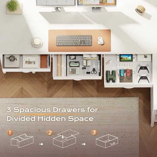 PRAISUN 63 Inch L Shaped Office Desk with Power Outlets and Type-C Port, Large Computer Gaming Desk with 3 Fabric Drawers, Mesh Shelves, Corner Study Work Writing Desk, White