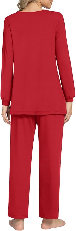 Anyally Women's Plus Size Pajama Sets Ladies Fall Pjs 2 Pieces Lounge Outfits V Neck Long Sleeves Sleepwear with Pockets