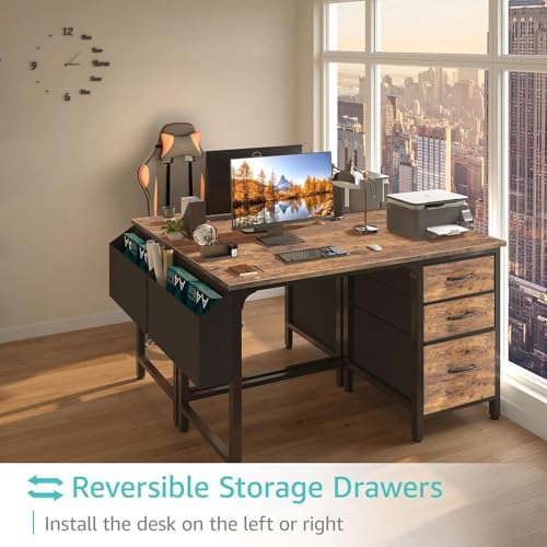 Lufeiya Computer Desk with File Drawers Cabinet, 47 Inch Reversible Home Office Desks with Fabric Filing Cabinet for Small Space, Study Writing Table PC Desks, Rustic Brown