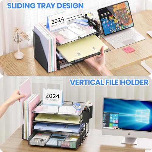 OPNICE Desk Organizer, 4-Tier Desktop File Organizer with Drawer and Pen Holders, Office Desk Accessories, File Sorters, Workspace Organizers for Office Supplies(Black)