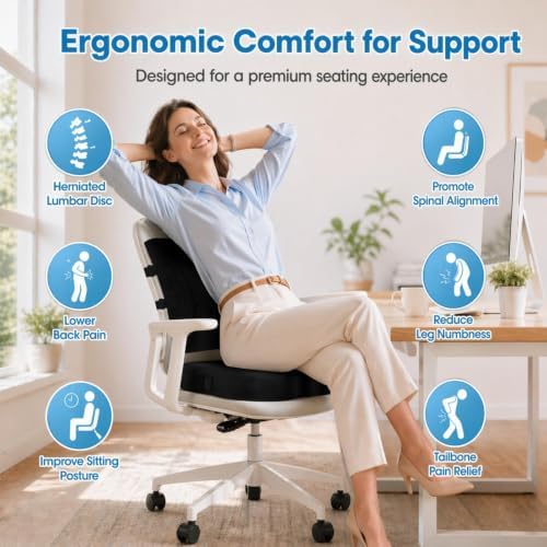 CloudBliss Ergonomic Seat Cushion & Lumbar Support Pillow Set, Black, XL