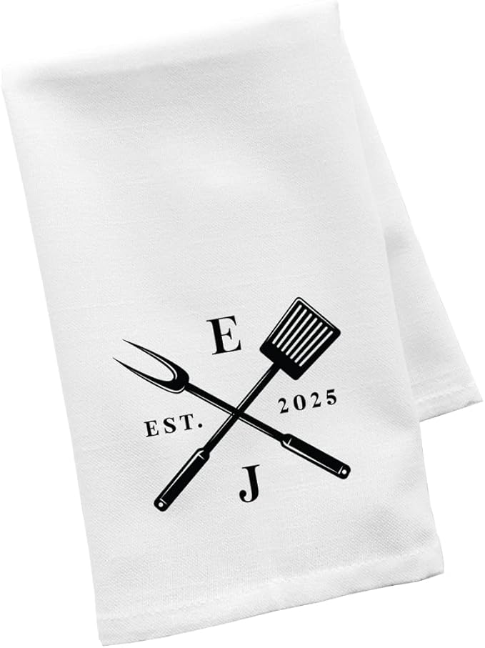 Andaz Press Personalized Flour Sack Tea Towel, Couples Monogram Initials Custom Kitchen Towel, Wedding & Housewarming Gift, Bridal Shower Farmhouse BBQ Hand Towel