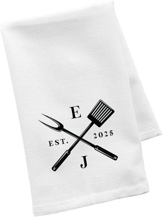 Andaz Press Personalized Flour Sack Tea Towel, Couples Monogram Initials Custom Kitchen Towel, Wedding & Housewarming Gift, Bridal Shower Farmhouse BBQ Hand Towel