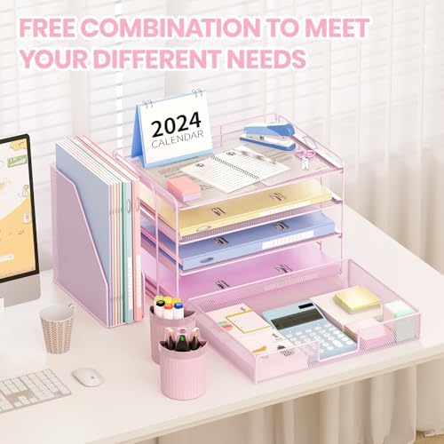 OPNICE Desk Organizer, 4-Tier Desktop File Organizer with Drawer and Pen Holders, Office Desk Accessories, File Sorters, Workspace Organizers for Office Supplies(Pink)