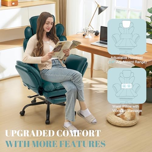 Flip Armrests Criss Cross Office Chair, Reclining Office Chair with Foot Rest, Adjustable Headrest, Massage Waist Pillow, Cross Legged Big and Tall Desk Chair Wide Seat Vanity Chair, Green PU Leather