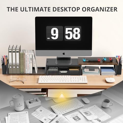 OPNICE Desk Organizers and Accessories, Dual Monitor Stand Riser with Drawer and 2 Pen Holders, Desk Shelf Computer Racks for Office Workspace Organizers, Desktop Organization (Rustic Brown)