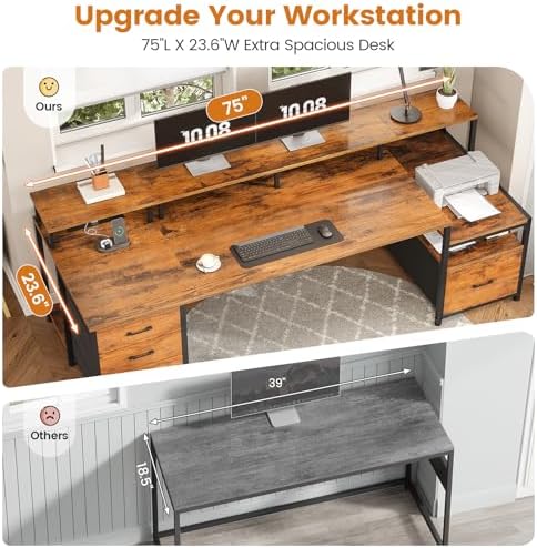 SEDETA 75'' Large Home Office Desk with 5 Drawer, Power Outlet, File Drawer