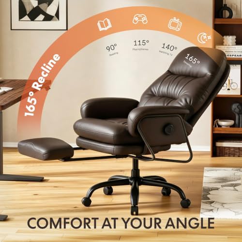 FLEXISPOT Multi-Task Ergonomic Office Chair with Footrest Computer Desk Chairs Indoor Lounge Chair with 90-165° 4-Level Reclining, Chairs for Working Relaxing Sleeping, PU Leather, Brown, Basic Back