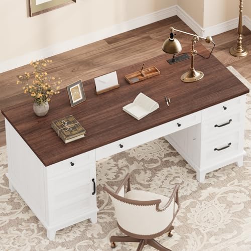 GarveeHome Executive Desk with File Drawers, Farmhouse Home Office Desk with Charging Station, 60 in Wooden Computer Desk with Cabinet Storage for Work Study Writing, White Walunt