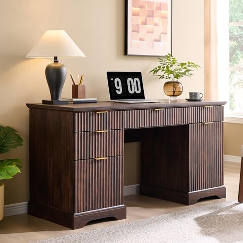 58" Modern Wood Executive Desk with 5 Drawers & 1 Cabinet, Built‑in Outlet