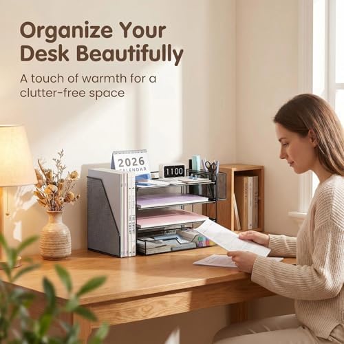 OPNICE Desk Organizers and Accessories, 4-Tier Desktop File Organizer with Drawer and Pen Holders, Office Desk Accessories Workspace Organizers for Office Supplies (Soft Black)