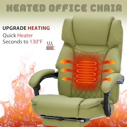 Massage Office Chair with Foot Rest 6 Points Vibration and Heat Home Office Desk Chairs for Heavy People 400lbs Reclining Managerial Chairs Ergonomic Executive Chair (Green)
