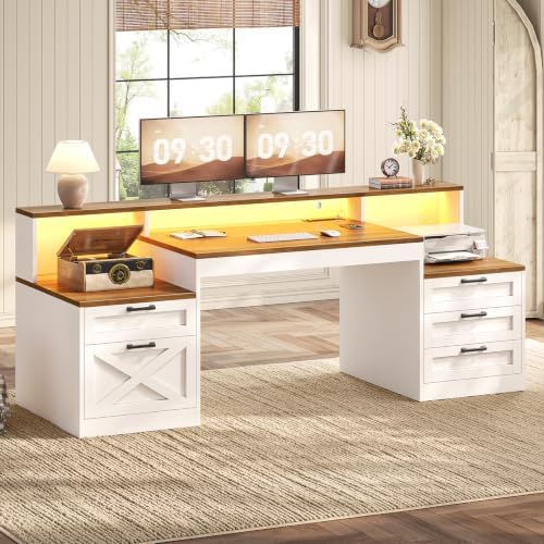 SEDETA 63" Farmhouse Office Desk with 5 Drawers, White and Brown