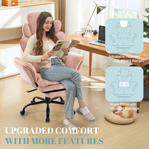 Flip Armrests Criss Cross Office Chair, Reclining Office Chair with Foot Rest, Adjustable Headrest, Massage Waist Pillow, Cross Legged Big and Tall Desk Chair Wide Seat Vanity Chair, Pink Fabric