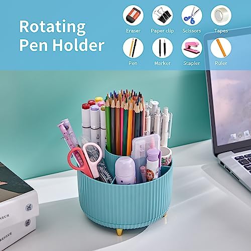 Marbrasse Desk Organizer, 360-Degree Rotating Pen Holder, Desk Organizers and Accessories with 5 Compartments Pencil Holder, Art Supply Storage Box Caddy for Office, Home（Light Blue）