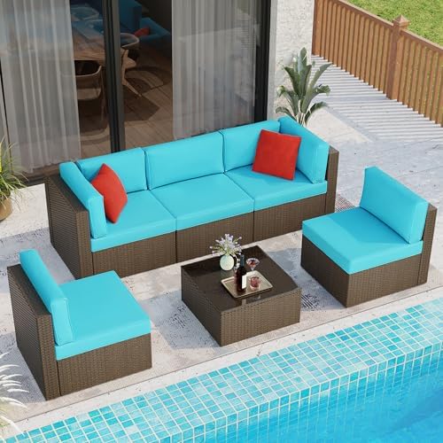 6 Pieces Patio Furniture Set Outdoor Couch Wicker Sectional Sofa, Blue