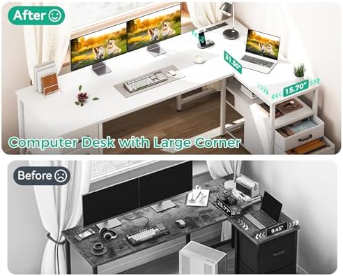 Coleshome 63 Inch L Shaped Office Desk with 6 Drawers, Power Outlet, White