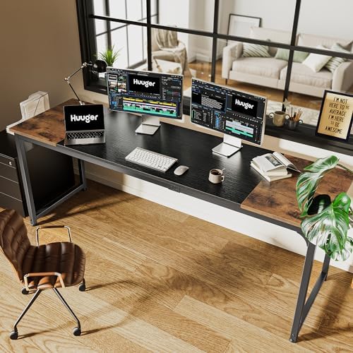 Huuger 78.7 Inch Office Computer Desk with Storage, Writing Work Desk for Home Office, Study, Gaming, Long Simple Desk, Large Legroom, Metal Frame, Rustic Brown and Black