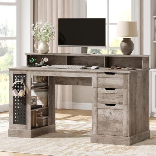 55-Inch Farmhouse Executive Desk with 2 Drawers and File Cabinet, Computer Desk with 3-Tier Storage Shelves, Home Office Desk with Charging Station, Pegboard and Monitor Shelf, Gray