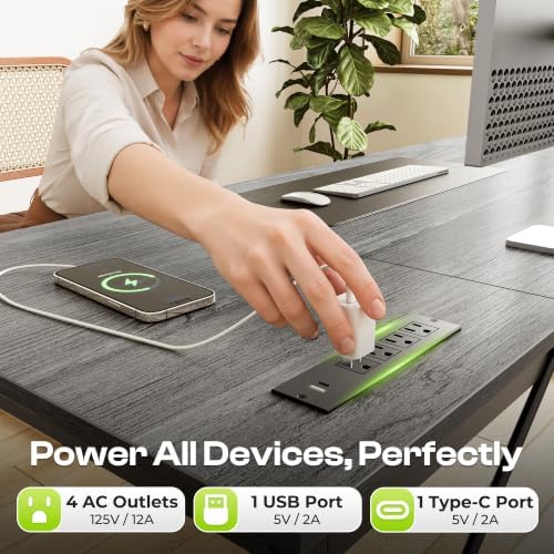 PRAISUN 70x24 Inch Computer Desk with Power Outlets & USB-C, Grey