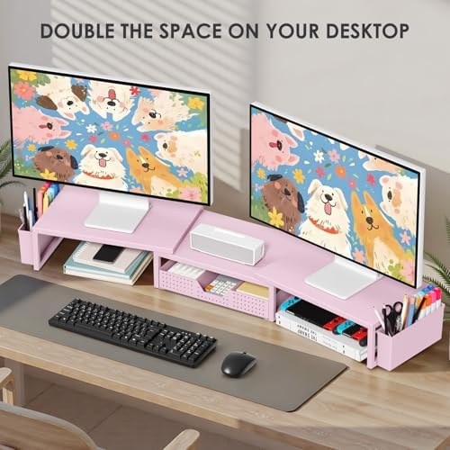 OPNICE Desk Organizers and Accessories, Dual Monitor Stand Riser with Drawer and 2 Pen Holders, Desk Shelf Computer Racks for Office Workspace Organizers, Desktop Organization (Pink)