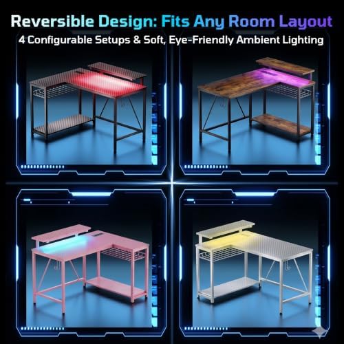 Bestier 42-Inch L-Shaped Computer Desk with Charging & LED, Black