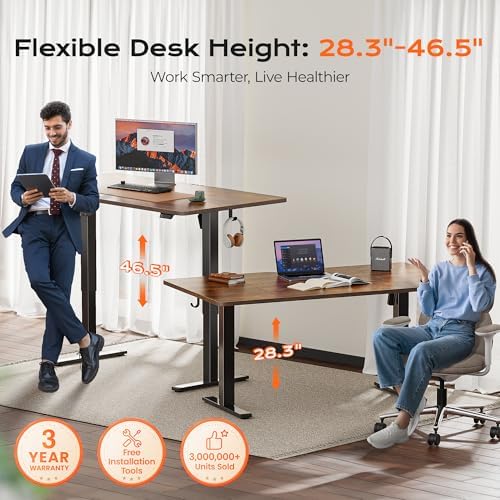 Huuger 63 x 28 Large Electric Standing Desk, Height Adjustable Computer Desk, 27.6" Deep Desktop, Stand up Gaming Office Table with 2 Hooks, 3 Preset Heights, for Home Office, Rustic Brown, 7021Z-1