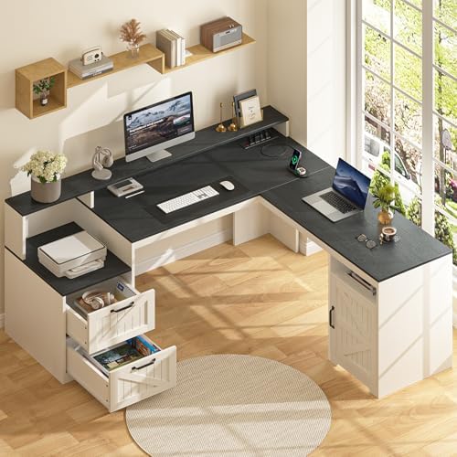 63" Farmhouse L Shaped Desk with Drawers & Printer Shelf for Home Office