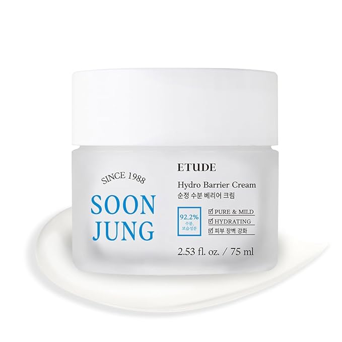 ETUDE SoonJung Hydro Barrier Cream, Face Moisturizer for Sensitive Skin, 92.2% Hydrating Ingredients, Low pH Level 5.5, Dermatologically Tested, Panthenol, Madecassoside, Korean Skin Care (2.54 Fl Oz)