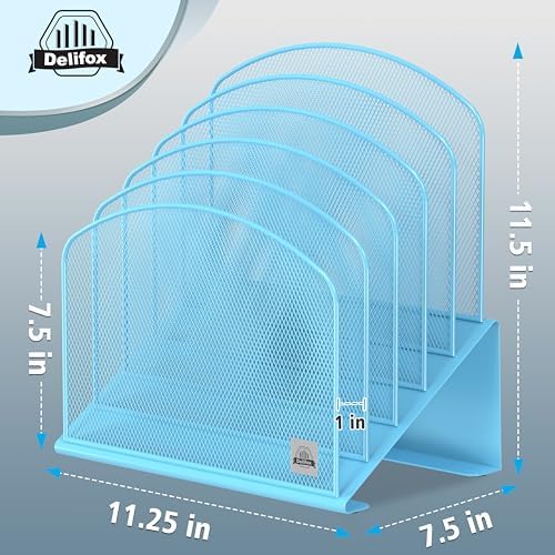 Delifox Inclined Desk File Organizer,Vertical File Folder Holder Stand Metal Rack File Sorter for Office Classroom Desktop Organization (2, Blue, 5)