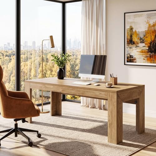 Tribesigns 63" Modern Home Office Desk, Wooden Computer Desk, Light Brown