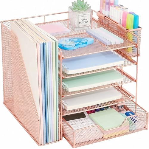 5-Tier Desk File Organizer with Drawer & Pen Holder (Rose Gold)
