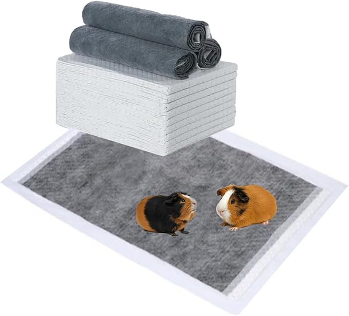 12pk - 47"x24" Disposable Guinea Pig Cage Liner (4'x2') for Midwest, C&C | And Hard Bottom Cages - Bamboo Charcoal Odor Control - 4 Corner Sticky Pads - No SAP for Small Animal Safety