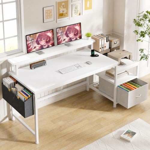 EnHomee 56.5" Office Desk with Drawers & Printer Space for Home Work,White