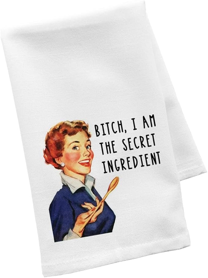 Andaz Press Funny Retro Kitchen Towel, Flour Sack Tea Towel, Bitch, I am The Secret Ingredient Funny Birthday for Mom Daughter, Grandma, Wife, Sister, Friend, Women, Gag Gift