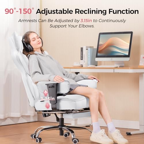 COMHOMA Big and Tall Office Chair Heavy Duty Wide Ergonomic Gaming Chair with Deluxe Embossing Designed Leather with Foot Rest,150°Reclining Adjustable Armrests Pocket Spring Back Support and Pillow