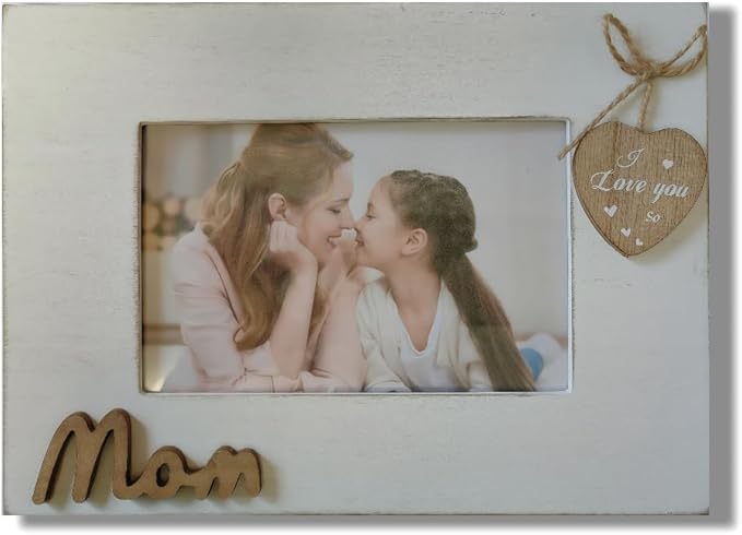I Love You Mom Photo Frame with Heart,Wooden Mom Picture Frame 4x6 Horizontal from Daughter/Son,Mother's Day Gift,Present for Stepmother, Mommy Birtheday Gift