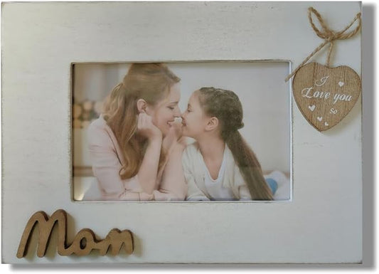 I Love You Mom Photo Frame with Heart,Wooden Mom Picture Frame 4x6 Horizontal from Daughter/Son,Mother's Day Gift,Present for Stepmother, Mommy Birtheday Gift
