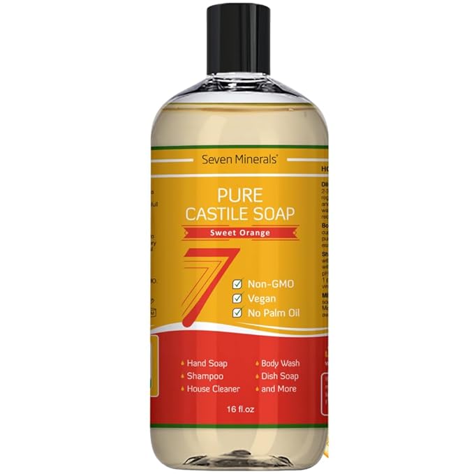 Seven Minerals Pure Castile Soap, Sweet Orange 16oz - No Palm Oil, GMO-Free - Gentle Liquid Soap For Sensitive Skin & Baby Wash - All Natural Vegan Formula with Organic Carrier Oils